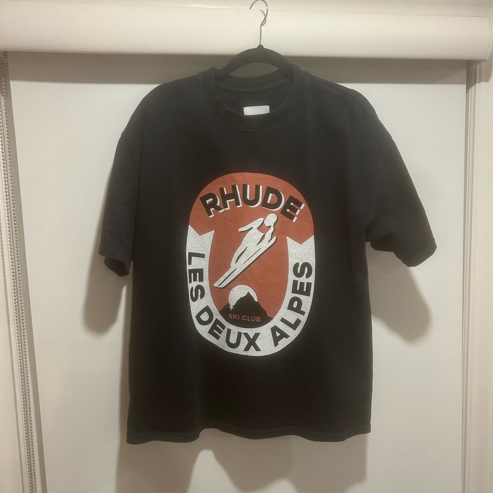 Rhude Black Kids Tee with Red and White Ski Graphic